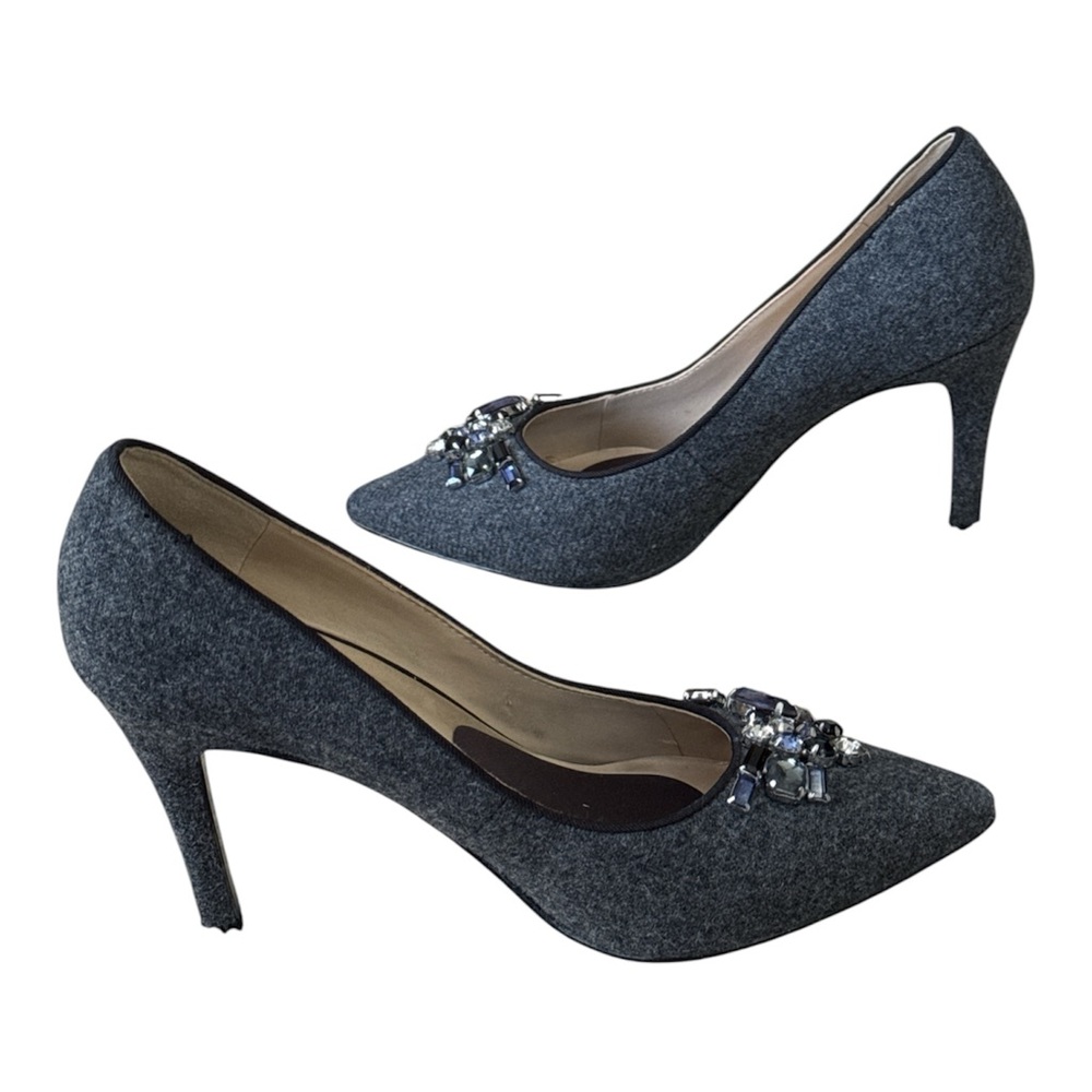 NINE WEST Womens shoes Slip on Heels Gray Felt Flannel with Rhinestone Size 6M